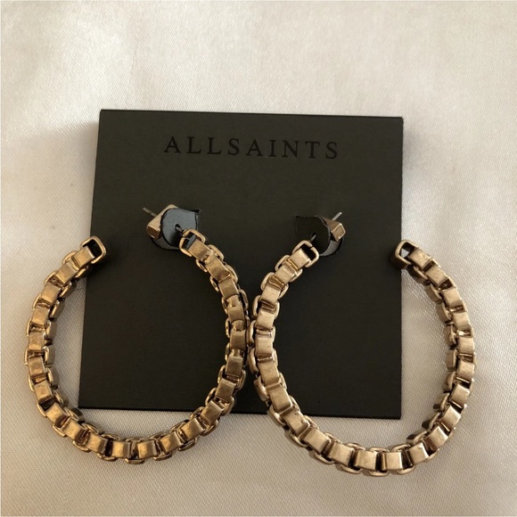 ALLSAINTS Gold Tone C-Shaped Link Chain Hoop Earrings NWT - Picture 1 of 12